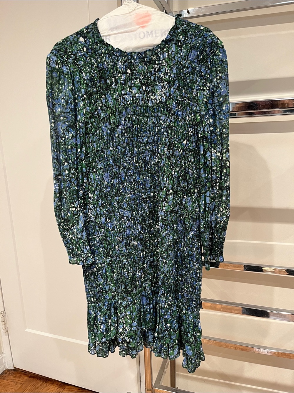 Veronica Beard smocked dress with Blue & Green Speckle